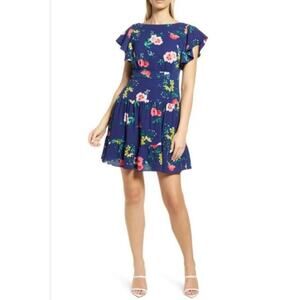 Eliza J Floral Print Flutter Sleeve Mini A Line dress Size 14 Blue Airy NWT